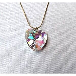 LADIES FACETED GLASS CRYSTAL HEART PENDANT AURORA BOREALIS W/CHAIN NECKLACE